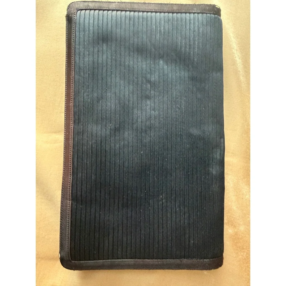 Lederer de Paris Vintage Black Pleated Silk Envelope Clutch Brown Leather Trim